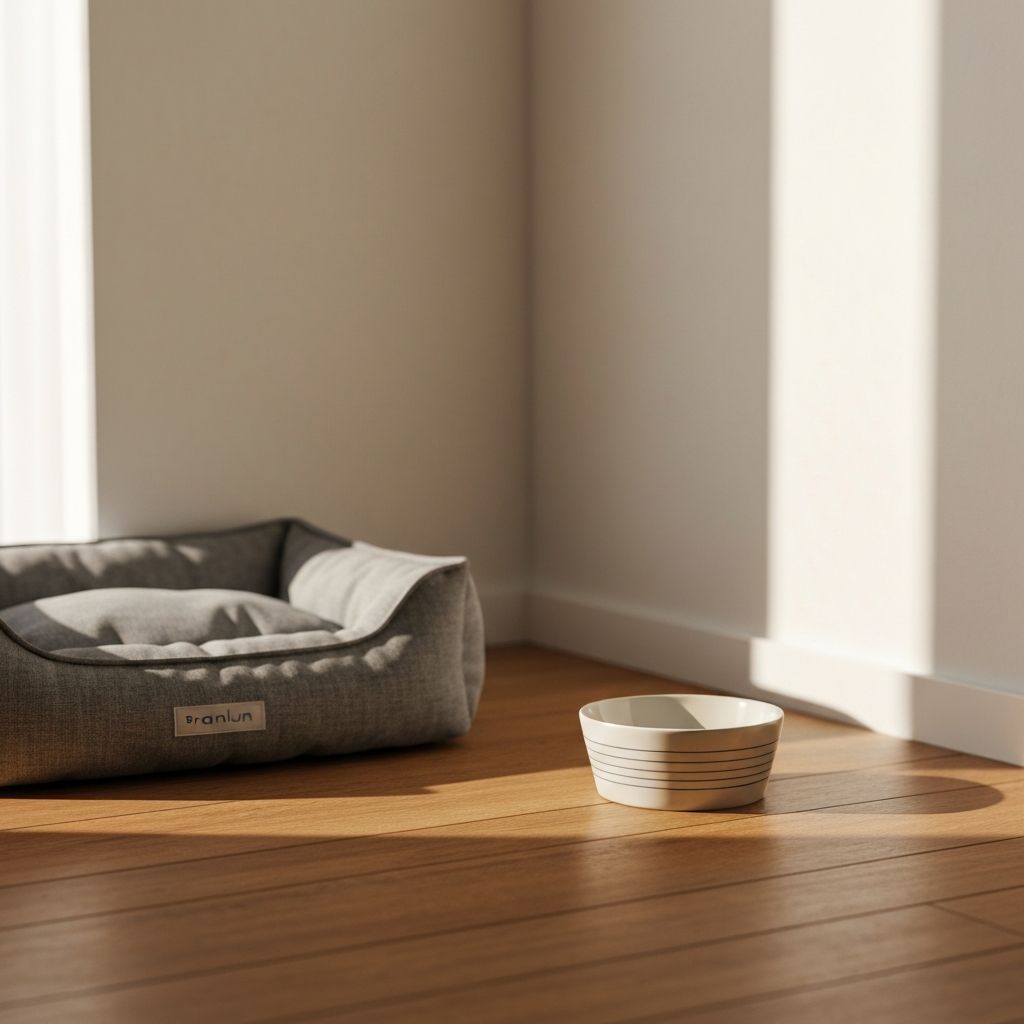 Gemütlicher Wohnbereich mit grauem Liegeplatz und Keramikschale